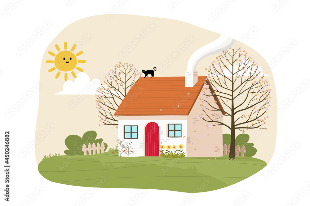 illustration of colorful autumn house landscape with fram home and grass land on hill,Natural foliage background in fall seson with beautiful,Cute cartoon ,cat on the roof, smoke from chimney.