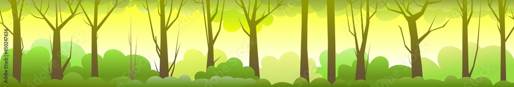 Forest landscape. Dense wild trees with tall, branched trunks. Summer green landscape. Flat design. Cartoon style. Vector