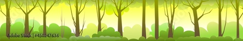 Forest landscape. Dense wild trees with tall, branched trunks. Summer green landscape. Flat design. Cartoon style. Vector