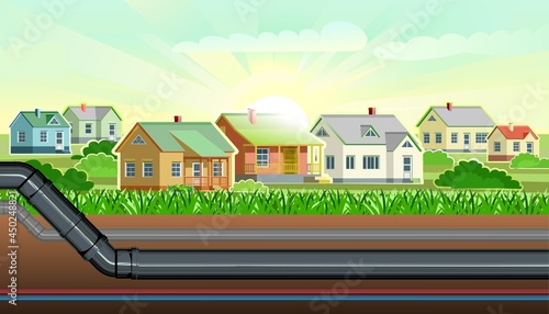 Pipeline for various purposes. Common village town infrastructure. Underground part of system. Illustration vector