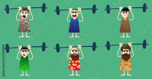 Cartoon prehistoric man as a weightlifter lifting barbell. Vector illustration of a man from the stone age.