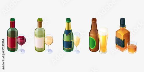 Set bottles and glasses, red and white wine, beer