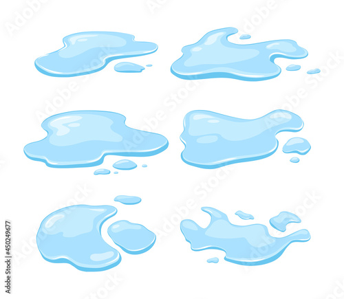Water spill, puddles set on a white isolated background. Blue autumn natural liquid on the ground. Clean water. Vector illustration