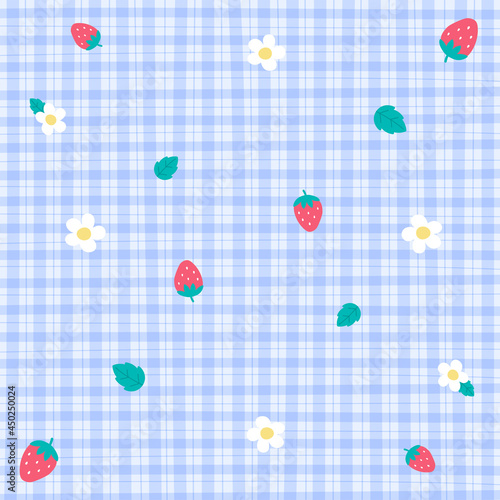 Cute Ornament Element Strawberry Leaf Flower Fruit Pastel Blue Gingham Pattern Editable Stroke. Cartoon Illustration Cloth, Mat, Fabric pattern, Textile, Scarf, Wrapping Paper.