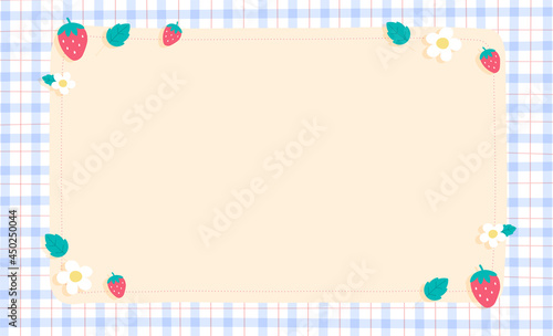 Cute Ornament Element Strawberry Leaf Flower Fruit Pastel Blue Gingham Pattern Paper Background Frame Border. Blank note Vector Illustration. Editable Stroke.