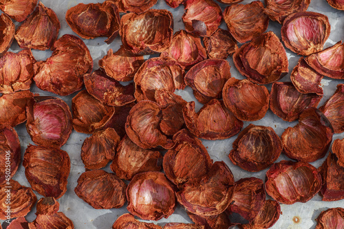 Dried mangosteen Garcinia mangostana, purple mangosteen, manggis peel. Mangos...