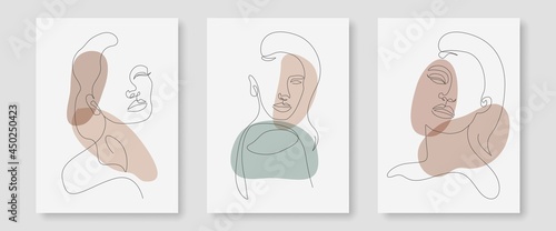 Abstract Faces Line Art Background Set. Woman Portrait Abstract Face One Line Drawing with Modern Geometric Shapes. Minimalist Design Good for Print  Wall Decor  Poster  Cover. Vector EPS 10