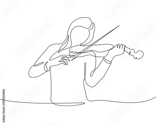 Girl Plays Violin Continuous One Line Drawing. Violinist Minimalist Line art Drawing. Girl Musician Abstract Modern Illustration for Prints, Posters, Banners, Wall Decor, Social Media. Vector EPS 10