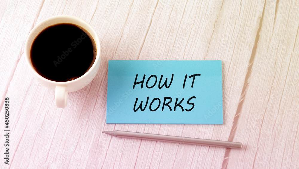 HOW IT WORKS text on the blue sticker with cofee and pen HOW IT WORKS text on the blue sticker with cofee and pen