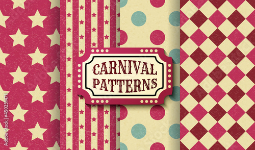 Set of circus retro vintage seamless patterns. Textured old fashioned carnival wallpaper templates. Collection of vector texture background tiles. For parties, birthdays, decorative elements.