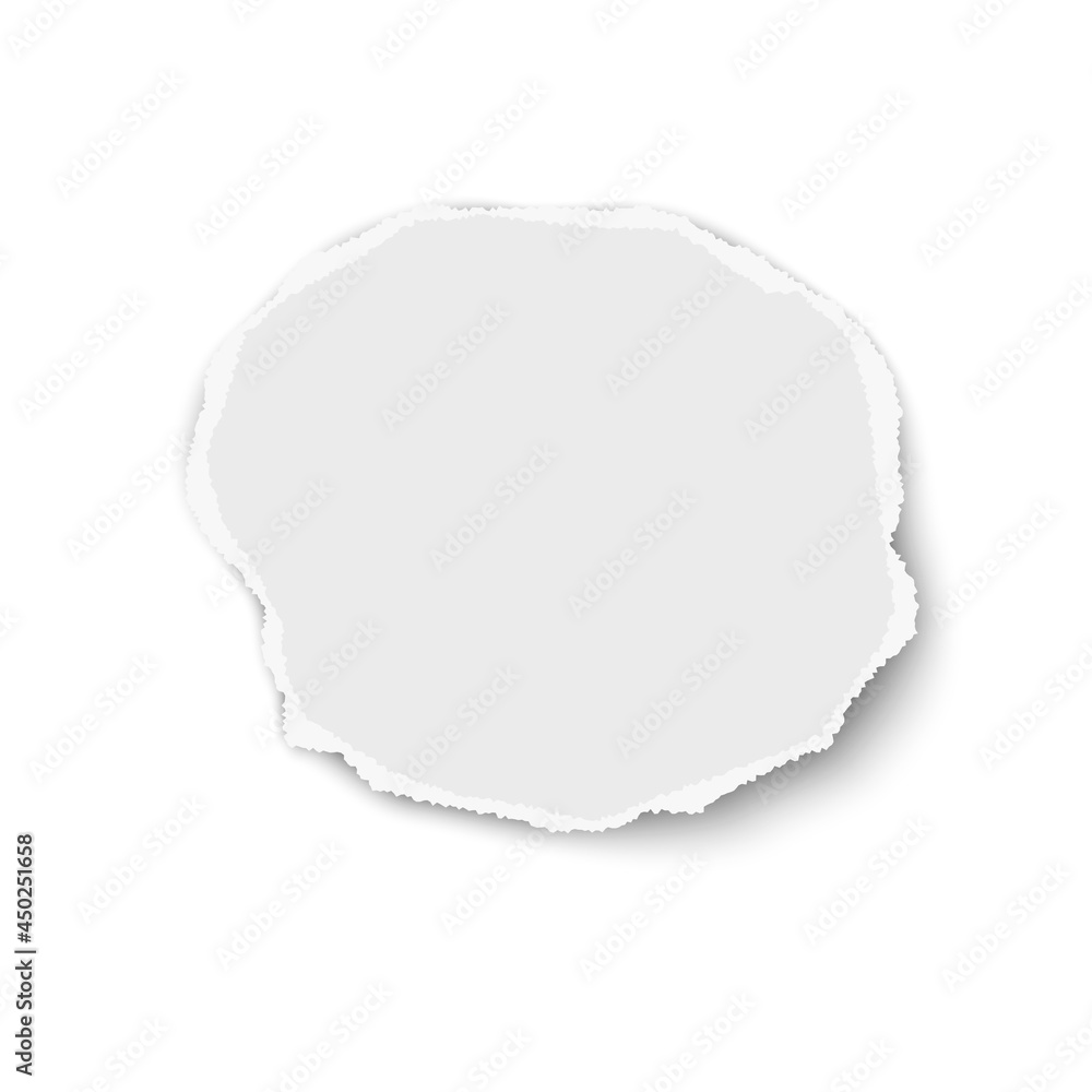 Circular torn paper fragment with soft shadow isolated on white background. Paper template.