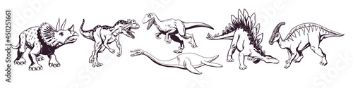 Hand drawing of a group of cute cartoon dinosaurs for printing on t-shirts, mugs, bags and designs. Vector illustration.