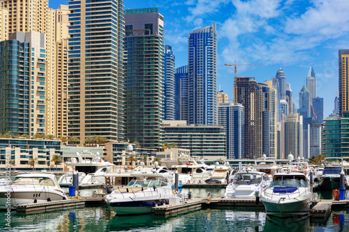 Dubai Marina skyscrapers and port in Dubai, United Arab Emirates