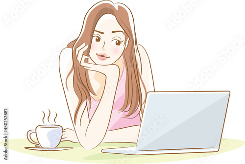 コーヒーブレイク（若い女性）ノートパソコン