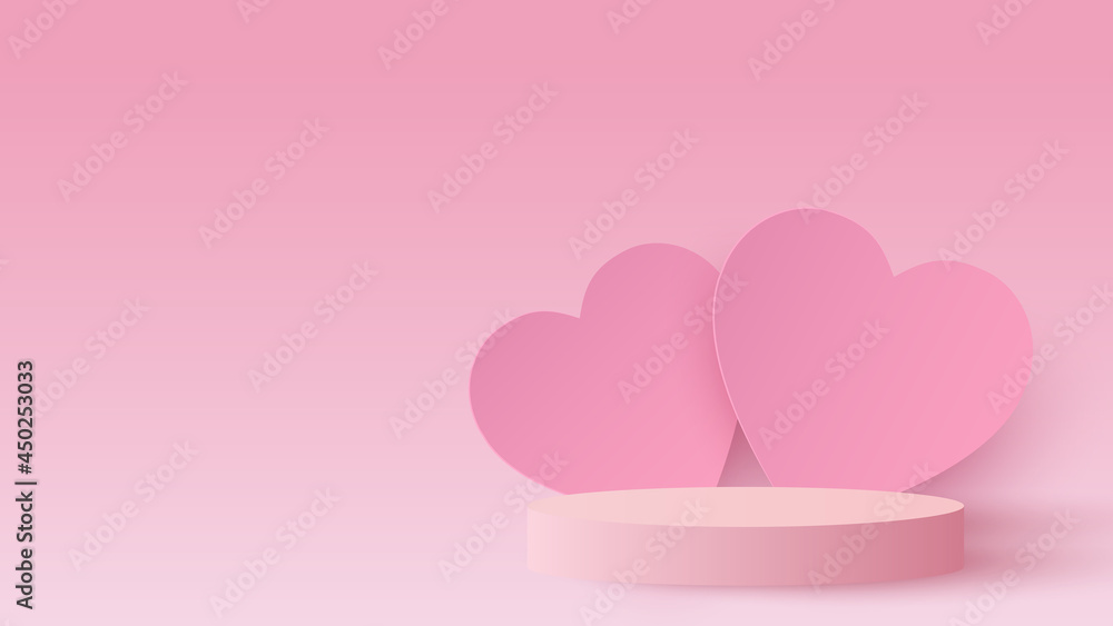 Happy valentines day banner with podium platform to show product for festival love on pink heart background. Paper cut and craft style illustration