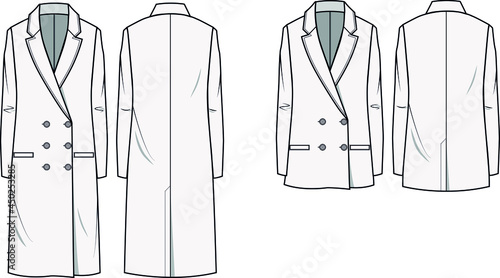Gents and Ladies long Blazer, Basic Blazer vector template, front and back, drawing, flat sketches. photo