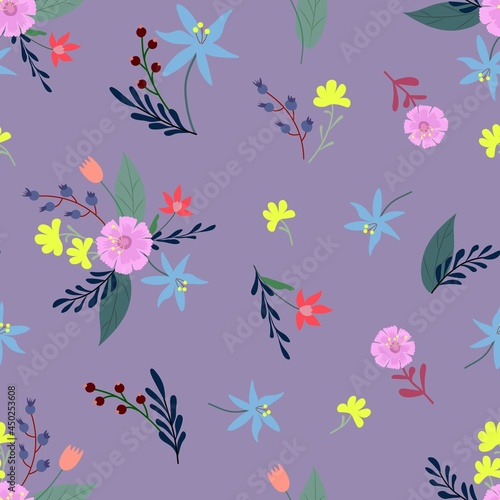 Cute seamless pattern with decorative flowers and plants on a violet background. Vector Illustration