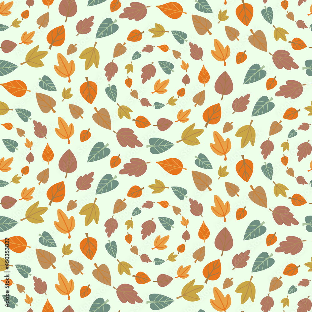 Seamless pattern with colorful leaves foliage circles. Fall woodland forest background design. Autumn leaves in simple style in round shapes ornament. Vector bright backdrop Seamless pattern with colorful leaves foliage circles. Fall woodland forest background design. Autumn leaves in simple style in round shapes ornament. Vector bright backdrop