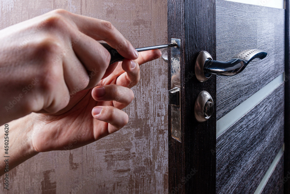 Using a screwdriver, a locksmith replaces the old door lock mechanism in the living room. The carpenter installs and adjusts the steel door lock in a wooden casement. Using a screwdriver, a locksmith replaces the old door lock mechanism in the living room. The carpenter installs and adjusts the steel door lock in a wooden casement.