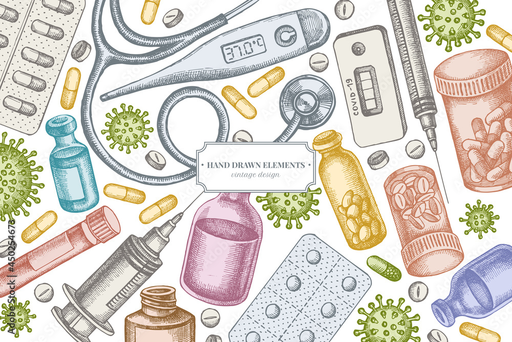 Design with pastel colored vial of blood, pills and medicines, medical thermometer, coronavirus rapid test, coronavirus bacteria cell, stethoscope, syringe, vaccine