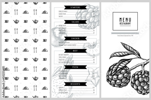 Vintage menu design with papaya, starfruit, pitaya, sugar-apple, mangosteen