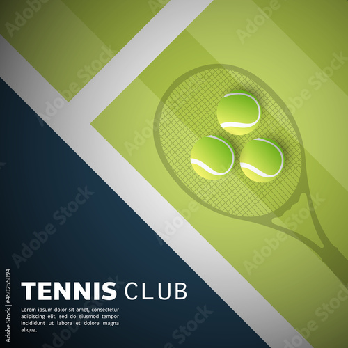 Tennis ball on Tennis racket in  the green tennis court , Illustrations for use in online sporting events , Illustration Vector  EPS 10