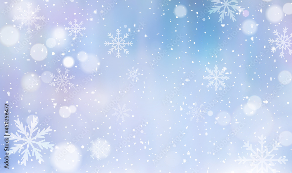 Winter background with falling snow and snowflakes. Christmas scene for Holiday and Happy new year background in pastel tone. Vector snowfall, snowflakes in different shapes and forms. Vector EPS10.