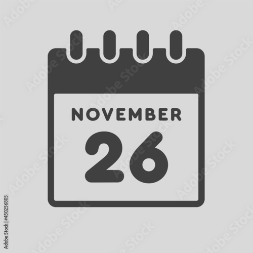 Icon day date 26 November, template calendar page