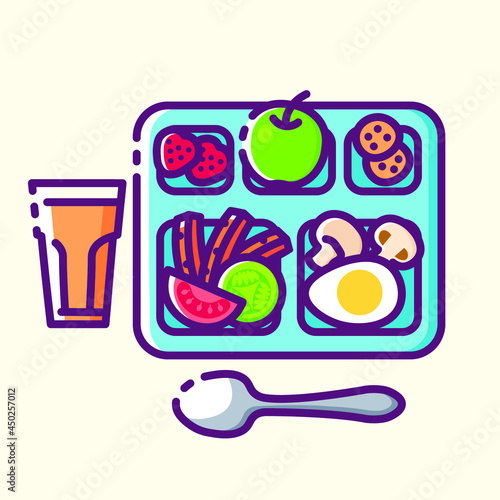 Lunch tray with food with a glass of juice colored icon. Collection of signs in different food categories. Symbols for cafe and restaurant decoration. Vector outline illustrations on yellow background