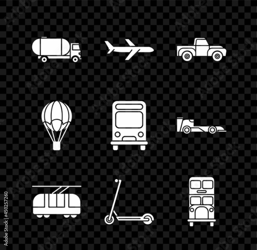 Set Tanker truck, Plane, Pickup, Tram and railway, Scooter, Double decker bus, Hot air balloon and Bus icon. Vector