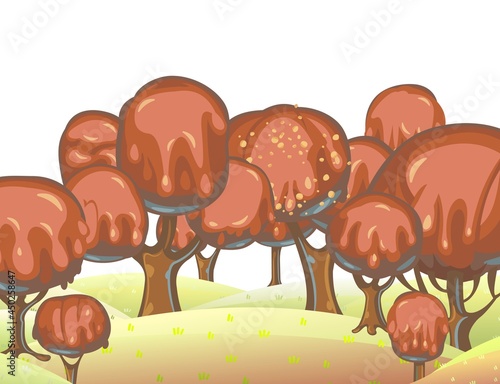 Chocolate trees landscape. Fairy tale garden. Summer fantasy scene. Perspiration. Cartoon style. Childrens dream isolated illustration. Vector