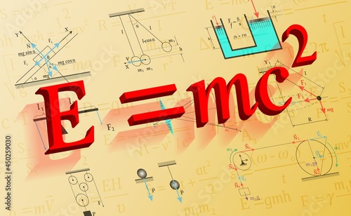 Background for a presentation on physics. Physics, formulas, perspective. Abstract vector illustration of formulas and drawings in physics on the wall with a reflection of a three-dimensional formula.