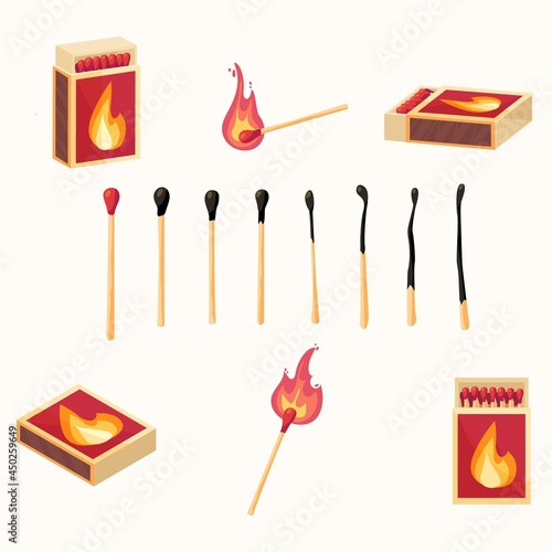 Vector cartoon illustration set of  matches.Burning match with fire, burnt matchstick, opened match box.  isolated.