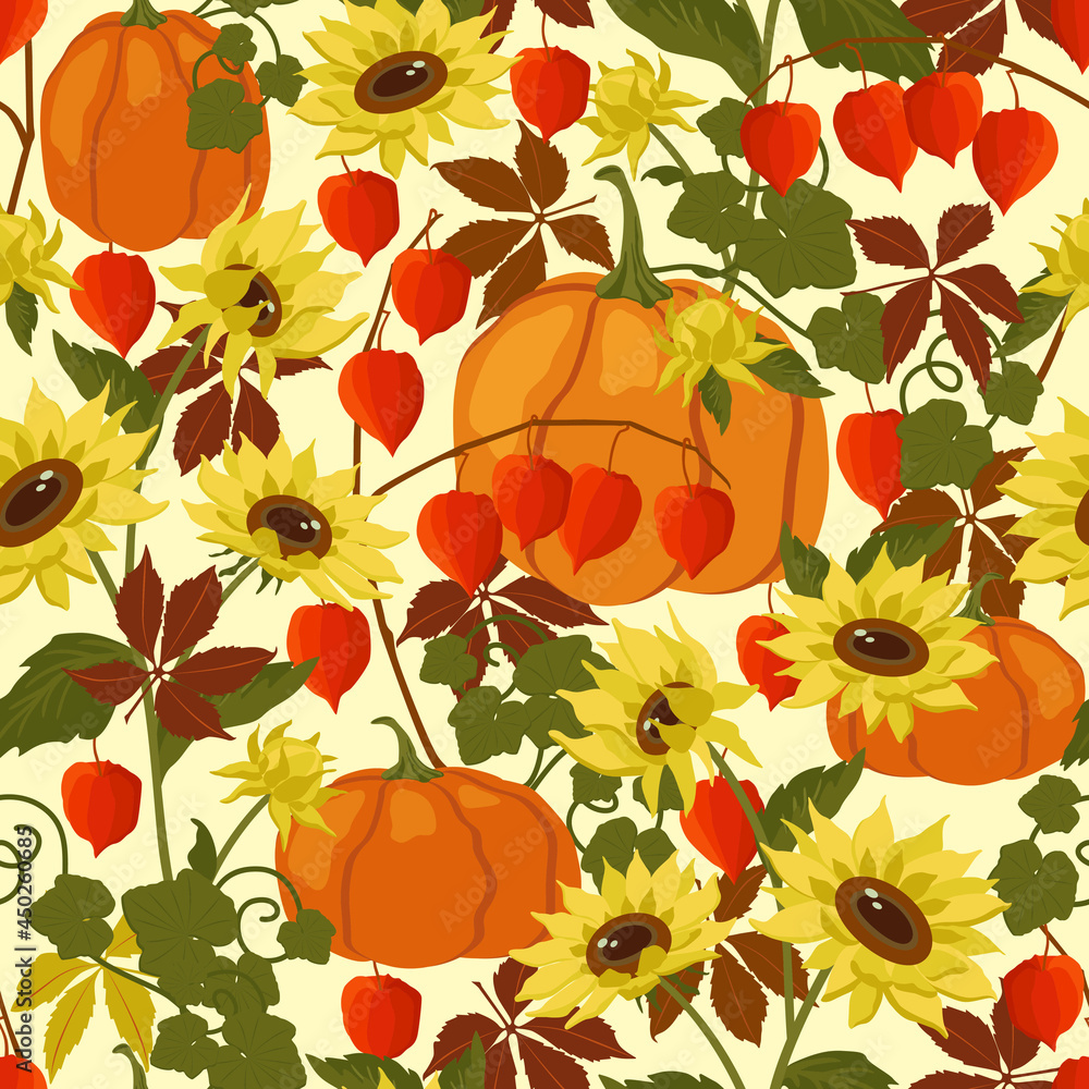 Pumpkins, autumn leaves, physalis and yellow sunflowers on pastel background. Autumn design seamless pattern. The vector illustration is scalable to any size. For fabric, covers, wallpaper, packaging Pumpkins, autumn leaves, physalis and yellow sunflowers on pastel background. Autumn design seamless pattern. The vector illustration is scalable to any size. For fabric, covers, wallpaper, packaging
