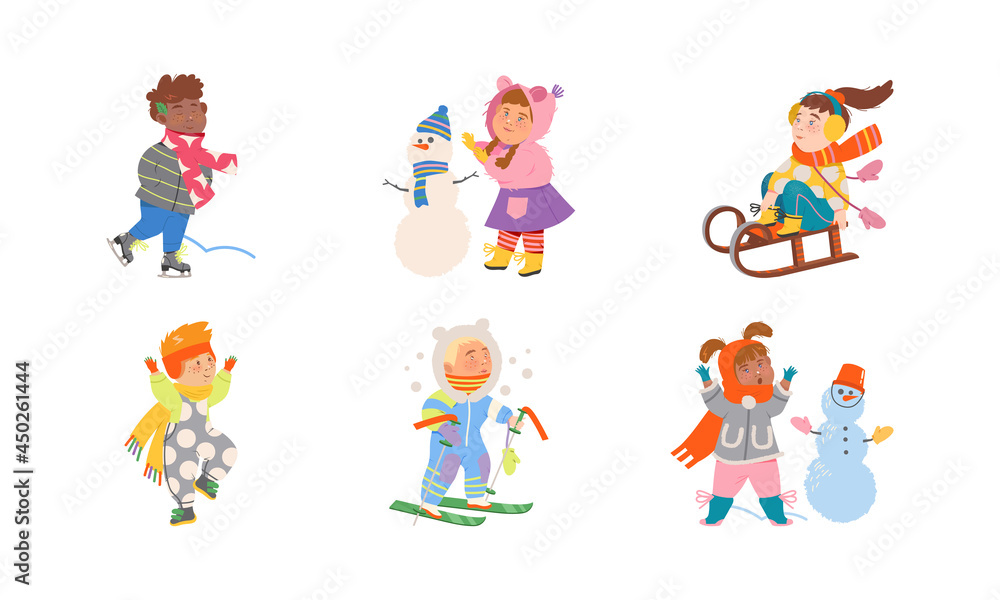Excited Children Building Snowman, Sleighing and Ski Running Vector Set