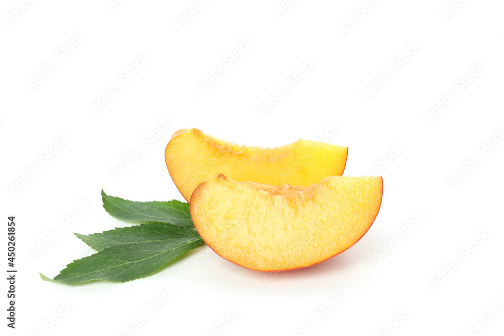 Slices of peach fruit isolated on white background