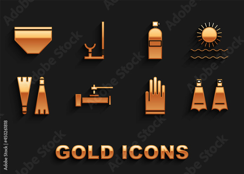 Set Industry metallic pipes and valve, Sun waves, Rubber flippers for swimming, Gloves, Aqualung, Swimming trunks and Snorkel icon. Vector