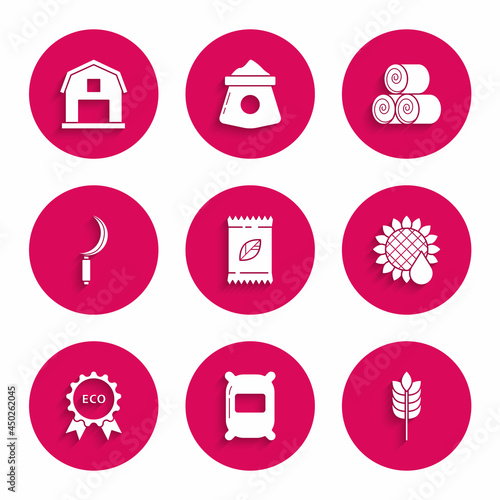 Set A pack full of seeds of a specific plant, Bag flour, Cereals with rice, wheat, corn, oats, rye, Sunflower, Banner, label, tag, logo for eco, Sickle, Roll hay and Farm House concept icon. Vector