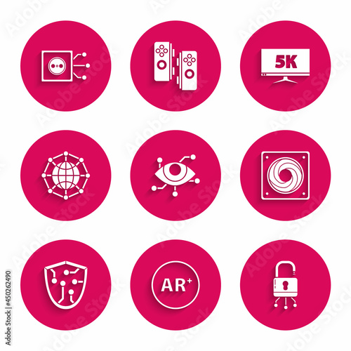 Set Virtual reality, Ar, augmented, Lock on digital circuit board, Computer cooler, Cyber security, Global technology or social network, Monitor display with 5k video and Remote control icon. Vector