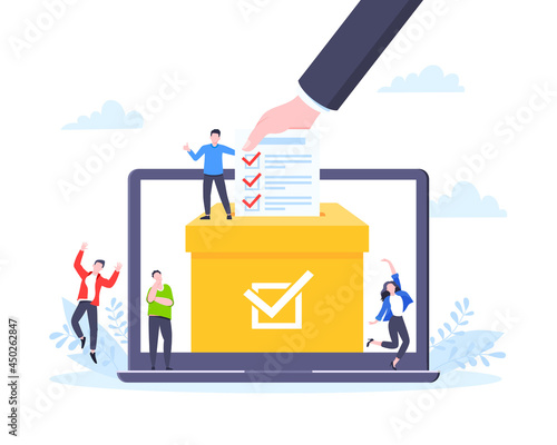 Online voting concept flat style design vector illustration. Tiny people with voting poll online survey working together. Concept of electronic voting modern system political competition and election.