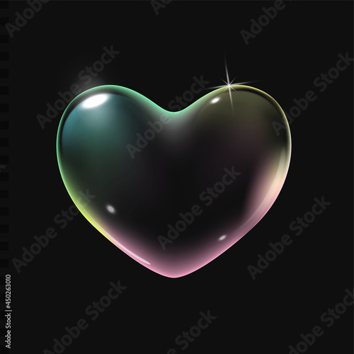 Realistic transparent multicolored rainbow vector soap bubble shaped as heart. Romantic glossy soapy heart. Valentine day symbol. Black background.