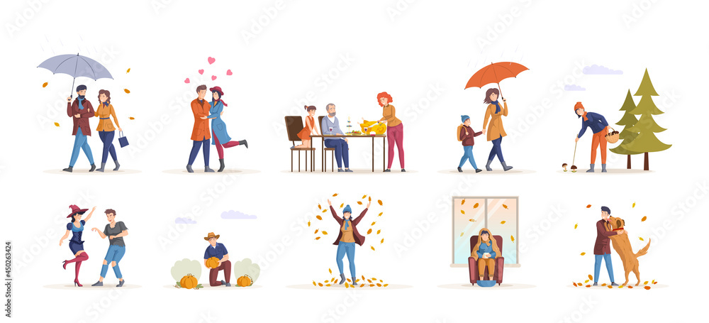 People in fall, enjoying autumn activity. Couple, family, friends spending time together walking, collecting mushrooms, going to school, Halloween party, harvest picking, Thanksgiving day