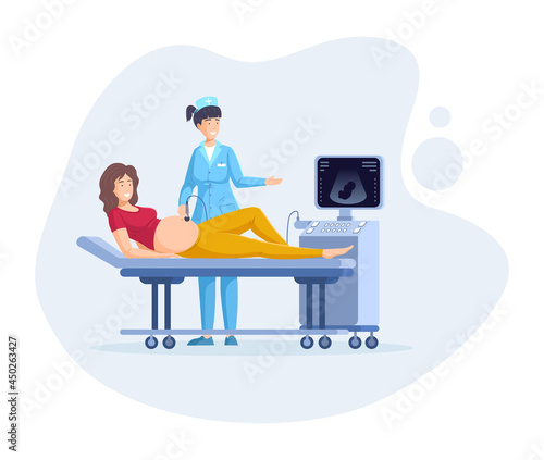 Woman enjoying pregnancy, preparation for childbirth. Female doctor doing ultrasound fetus screening to pregnant woman at hospital. Regular medical check up pregnancy