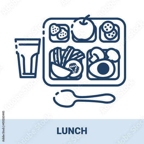 Plastic lunch tray with food outline monochrome icon with title. Collection of signs in different food categories. Symbols for restaurant decoration. Vector illustrations isolated on white background.