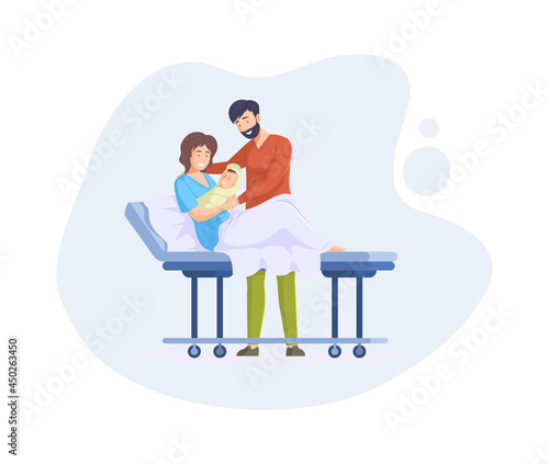 Young happy couple man woman with newborn at hospital bed. Happy father meet mother with newborn baby. Delivery, maternity, partner childbirth