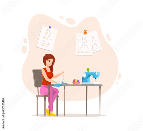 Set female dressmaker sewing creative handmade clothes. Collection woman seamstress patterning, cutting tissue, connecting on sew machine working at home or atelier