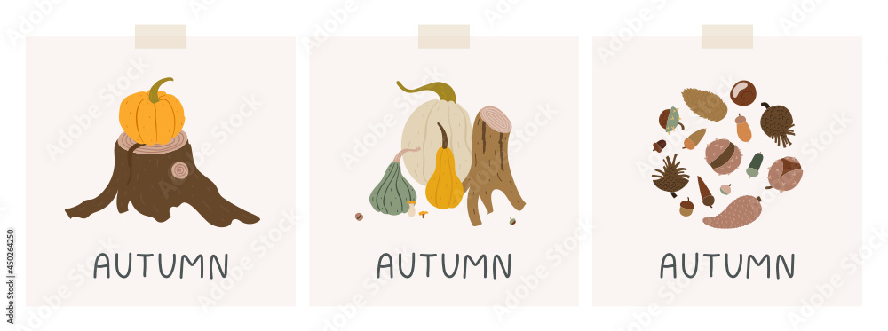 Fototapeta premium Set of autumn cards with pumpkins, tree stumps, lettering and collection of seeds - cones, chestnuts, acorns. Doodle style. Pretty, trendy and colorful decorations.