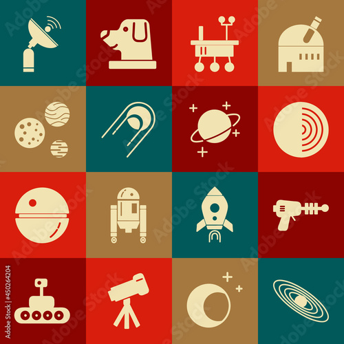 Set Planet, Ray gun, Earth structure, Mars rover, Satellite, Radar and icon. Vector