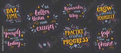 Set of stickers with motivational and inspirational lettering. Collection of hand-drawn designs on dark background with doodle decorations. 