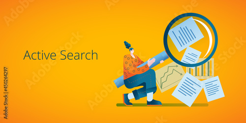 The girl uses a magnifying glass to view various documents and search for the necessary information. A template for a horizontal banner with an illustration on the topic of information search.